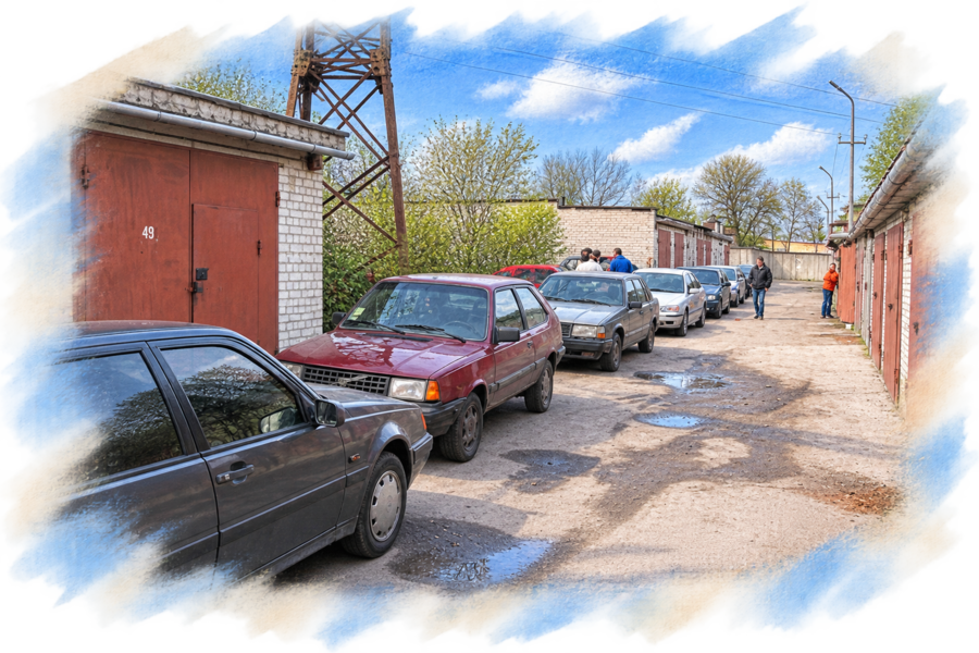 Колона Volvo біля гаражів